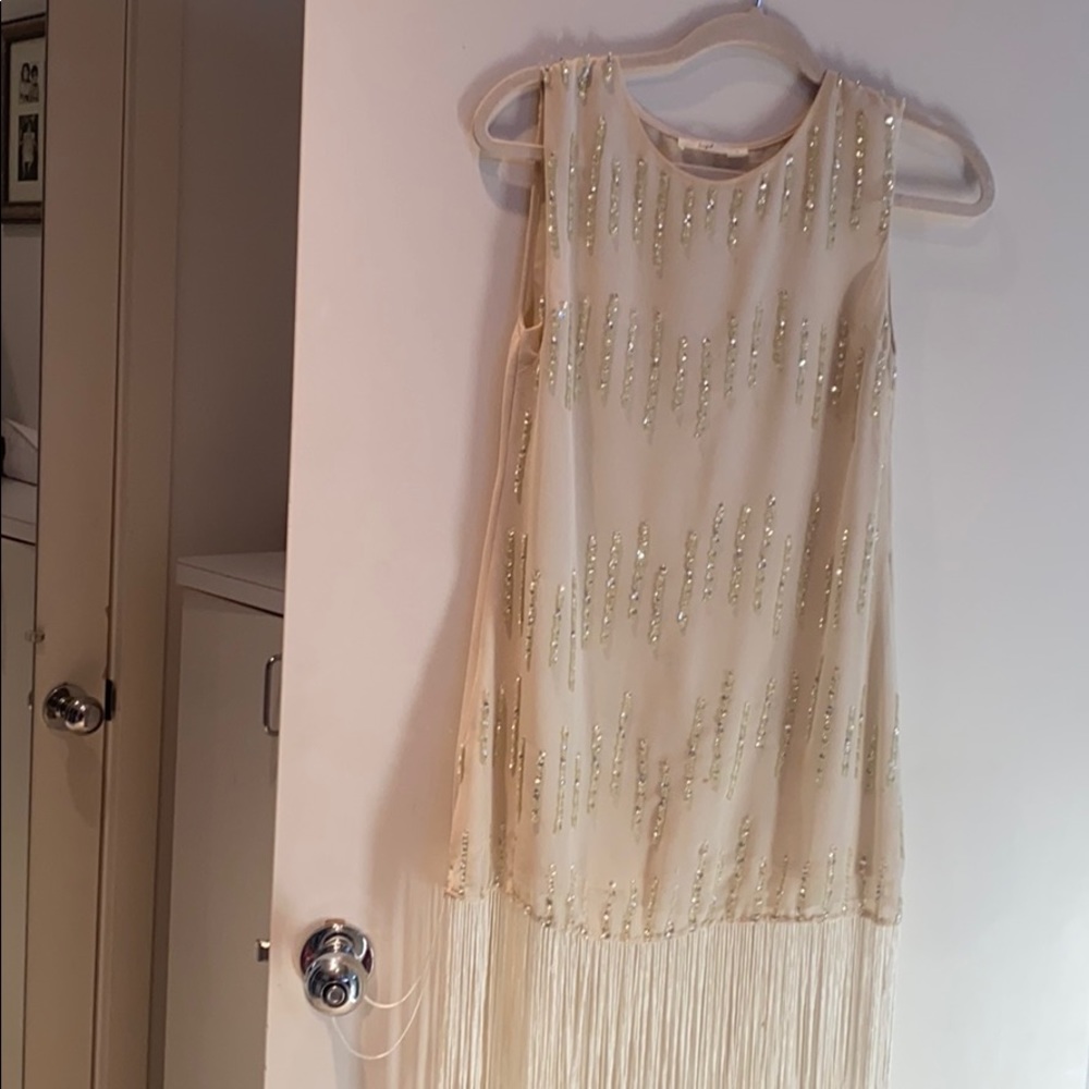 Sequin and Fringe cream sheath dress